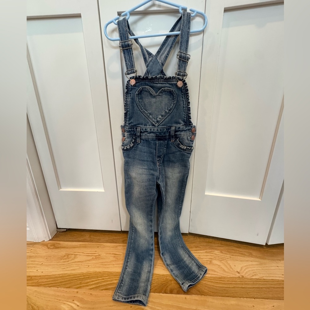 H&M Girls 4-5Y Denim Overalls with Heart Appliqué - Blue